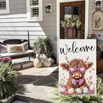 Welcome Cow Garden Flags 12x18 Inch Vertical Double Sided Outside, Easter Eggs Flowers Spring Yard Flag Decor, Holiday Outdoor Decorations for Home