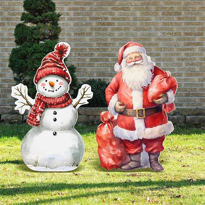 Pinkunn 2 Pcs Large Vintage Christmas Outdoor Decorations PVC Yard Snowman Santa Stake 28" Decorative Yard Stakes Windproof Waterproof for Xmas Farmhouse Lawn Garden Home Outside Decorations