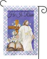 He is Risen Garden Flag Easter Cross Religious Yard Flags Lily Jesus Holy Bible Butterfly Burlap Double Sided House Banners Spring Lilies Christianity Church Garden Flags 12 x 18 Inch