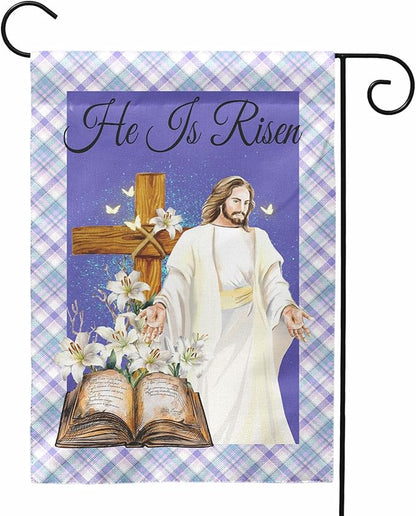 He is Risen Garden Flag Easter Cross Religious Yard Flags Lily Jesus Holy Bible Butterfly Burlap Double Sided House Banners Spring Lilies Christianity Church Garden Flags 12 x 18 Inch