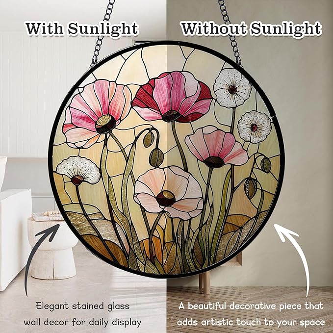 Sun Catcher Window Hanging Stained Glass, 4 pcs Floral Designs of Poppy Sunflower Rose Lily, for Bedroom Garden Kitchen Decor, Gifts for Mom, 6.3 Inch