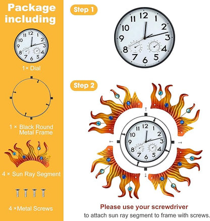 shumi Large Sun Outdoor Wall Clock, Outdoor Clock Thermometer and Hygrometer Combo, Decorative Wall Clock Silent Non-Ticking for Patio, Pool and Bathroom
