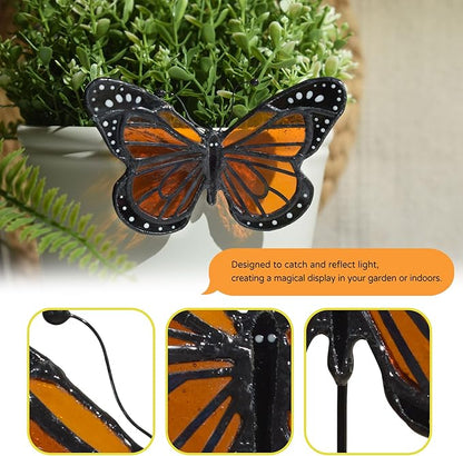 Lolitarcrafts Stained Glass Butterfly Suncatcher-Monarch or Luna Moth Design for Indoor and Outdoor Plant Decoration,Colorful Glass Plant Pot Ornament, Plant Lovers Gifts (Orange Monarch)