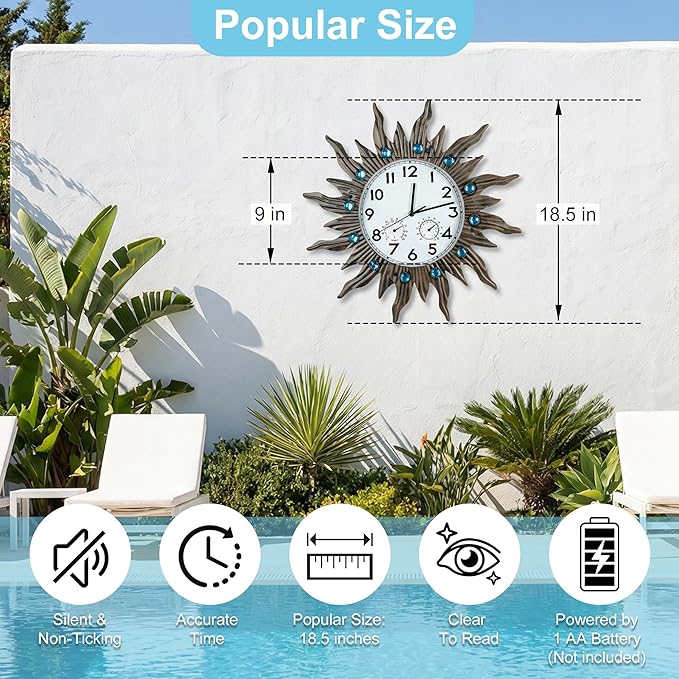 Garden Outdoor Clocks with Thermometer and Hygrometer Combo, Silent No-Ticking Outdoor Wall Clocks, Waterproof Outdoor Clocks Vintage Copper Sun, 18.5 Inch