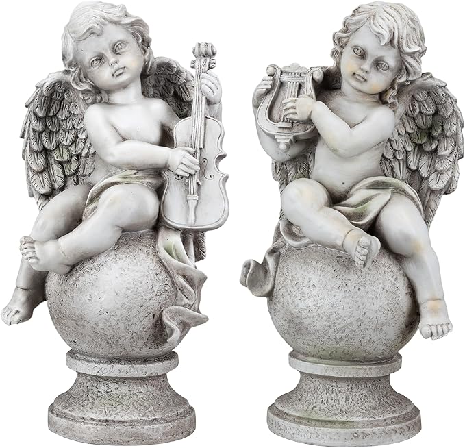 Northlight 14.75" Set of 2 Cherub Angels with Instruments Outdoor Garden Statues