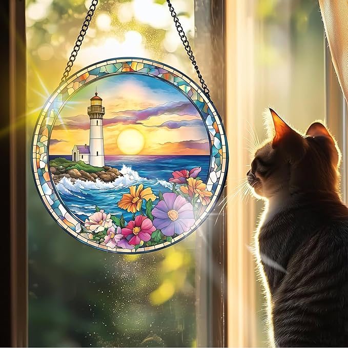 VAIIEYO Lighthouse Sun Catcher Stained Glass Window Hanging Ornament, Handmade Sun Catcher Flower Decoration with Hooks for Window Garden Home, Mother's Day & Birthday Housewarming Gift (7.8 inch)