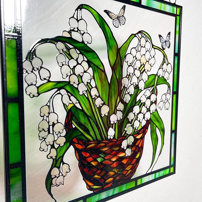 8'' Lily of The Valley and Butterflies Stained Glass Panel Suncatcher Window Hanging – Square Decorative Art for Home, Office, and Garden – Handcrafted Real Glass with Metal Frame