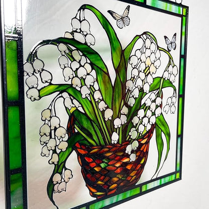 8'' Lily of The Valley and Butterflies Stained Glass Panel Suncatcher Window Hanging – Square Decorative Art for Home, Office, and Garden – Handcrafted Real Glass with Metal Frame