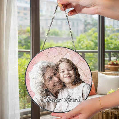 Personalized Grandma Stained Glass Suncatcher, Custom Stained Glass Window Hanging for Mom Picture, Customized Photo Gifts for Family Grandparents from Grandkids Grandchildren on Mothers Day Christmas