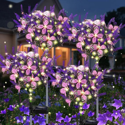 Solar Garden Lights Outdoor, 4 Pack Purple Lavender Solar Butterfly Lights Gardening Gifts for Women, Artificial Flower with Butterfly Purple Garden Decor for Lawn Patio-Warm White