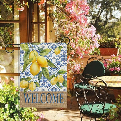 Dyrenson Welcome Italian Capri Blue Lemon Decorative Garden Flag, Amalfi Coast Citrus Italy Tile Pattern Yard Outside Home Decoration, Summer Mediterranean Outdoor Small Decor Double Sided 12 x 18