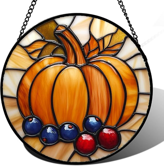 DASTOLL Stained Glass Window Hanging Fall Pumpkin Berries Large 15" - Suncatcher Door Garden Kitchen Sunroom Sun Catcher Autumn Home Decor Birthday for Mom Grandma Men Woman