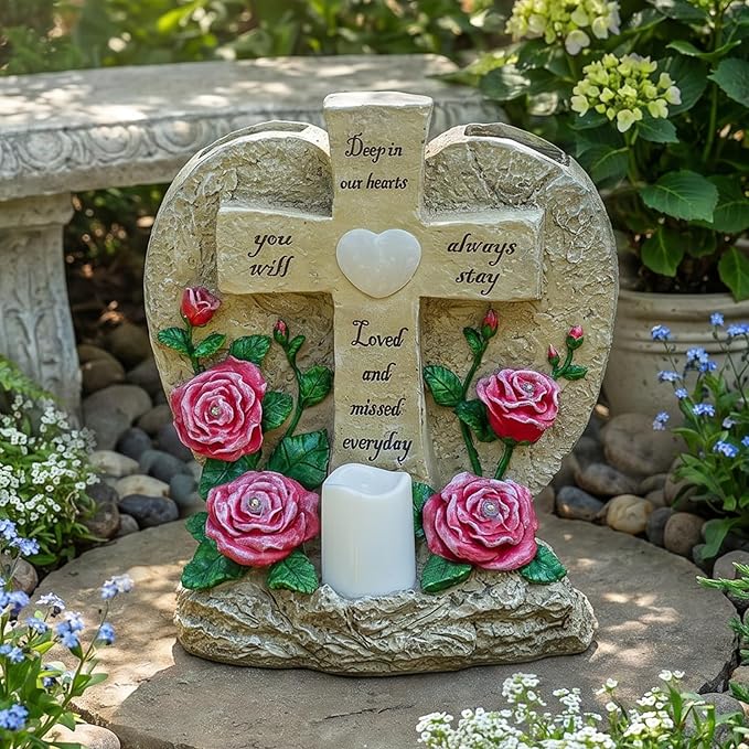 MXwcy Memorial Garden Stone Cross with LED Lights - Sympathy Gift, Bereavement & Remembrance for Loss of Loved One, Outdoor Indoor Grave Marker Decoration, Weatherproof Resin Heart Rose Design