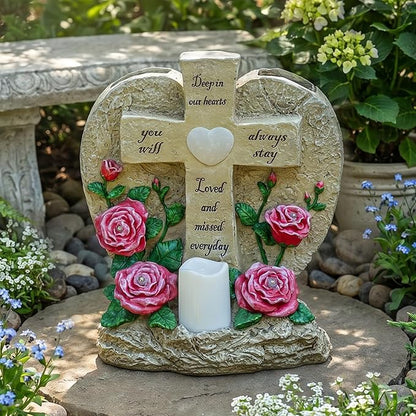 MXwcy Memorial Garden Stone Cross with LED Lights - Sympathy Gift, Bereavement & Remembrance for Loss of Loved One, Outdoor Indoor Grave Marker Decoration, Weatherproof Resin Heart Rose Design