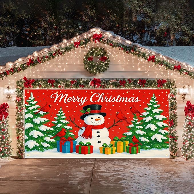 HOMETITUTE Merry Christmas Garage Door Banner 13x6ft Festive Backdrop Cheerful Snowman with Colorful Gifts Photo Prop Background for Joyful Holiday Yard Outdoor Winter Scene Display