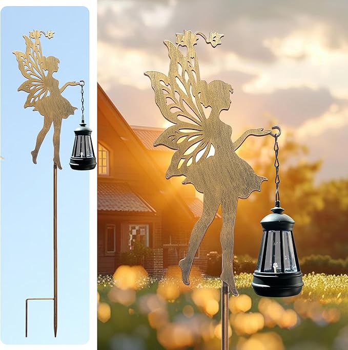 Solar Fairy Garden Decor, Outdoor Metal Fairy Statues with Stakes, Waterproof Garden Ornament for Patio, Lawn, Yard, Housewarming Gift for Gardening Mom & Grandma