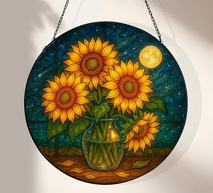Stained Glass Window Hanging,Sunflower Sun Catchers Stained Glass Panels for Indoor Windows Wall Art Decor, Memorial Gift for Mom Women Wife Men Lovers (11.8inch)