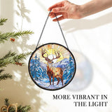 Winter Wonderland Christmas Deer Suncatcher Stained Glass Window Hanging Decorstions, Landscape Stained Glass Wall Decor, Winter Solstice Gifts, Forest Garden Sun Catchers Window Art, 7.9x7.9In