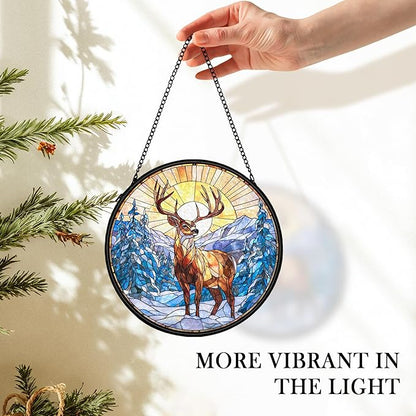 Winter Wonderland Christmas Deer Suncatcher Stained Glass Window Hanging Decorstions, Landscape Stained Glass Wall Decor, Winter Solstice Gifts, Forest Garden Sun Catchers Window Art, 7.9x7.9In