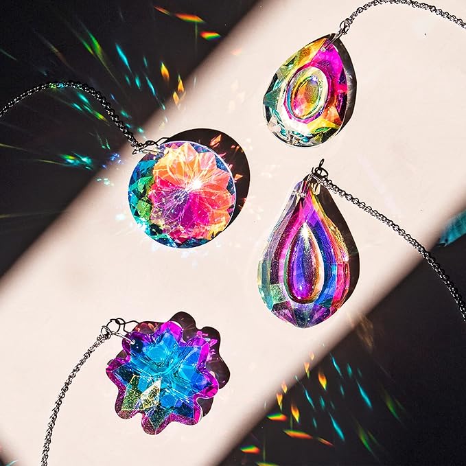 HDCRYSTALGIFTS 4pcs Crystal Suncatchers for Window Hanging Sun Catchers Indoor Rainbow Maker Crystals for Home Garden Decor Lamp Chandelier Lamp Prisms