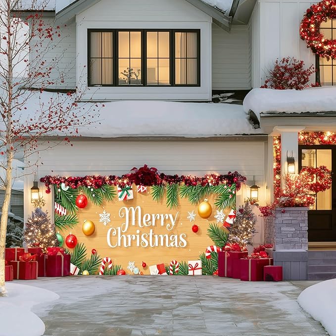 IVN Christmas Garage Door Cover Decoration 13x6ft Wood Texture Pine Garlands Gifts Candy Canes Merry Christmas Winter Garage Door Banner Home Door Front Yard Decor for Xmas Eve Holiday Outdoor
