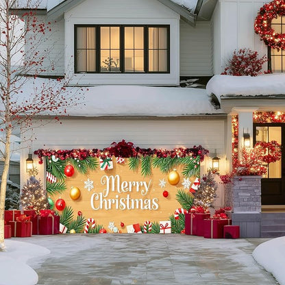 IVN Christmas Garage Door Cover Decoration 13x6ft Wood Texture Pine Garlands Gifts Candy Canes Merry Christmas Winter Garage Door Banner Home Door Front Yard Decor for Xmas Eve Holiday Outdoor