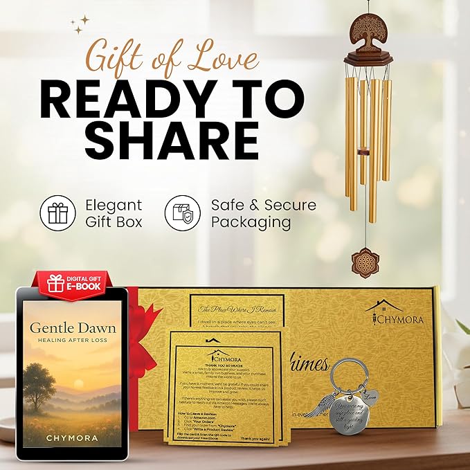 Wind Chimes Outdoor - Sympathy Gift for Loss of a Loved one, 36" Funeral Gift Includes a Letter from Heaven & Keepsake Keychain, Deep Toned, Double Sided Engraving Hexagonal Pendant - Golden
