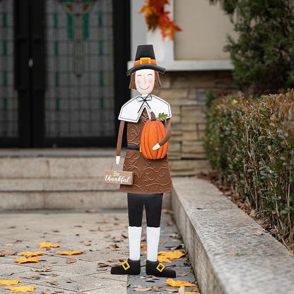 Glitzhome Thanksgiving Yard Stakes Metal Pilgrim Boy Yard Signs Hanging Wall Decors for Thanksgiving Fall Harvest Outdoor Decorations, 36" H