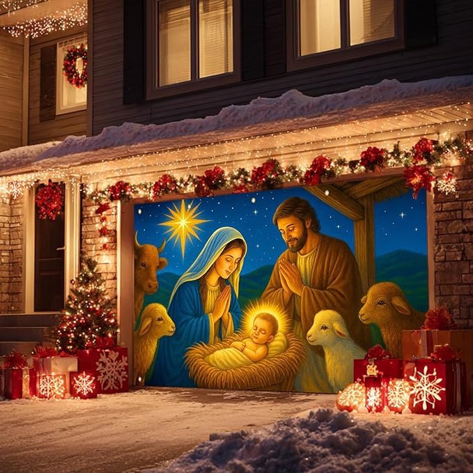 HOMETITUTE Christmas Garage Door Banner 13x6ft Nativity Scene Holy Family Star Backdrop Banners for Outside Indoor Winter Door Cover Garage Wall Covering for Party Garage Decorations