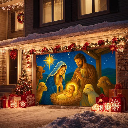HOMETITUTE Christmas Garage Door Banner 13x6ft Nativity Scene Holy Family Star Backdrop Banners for Outside Indoor Winter Door Cover Garage Wall Covering for Party Garage Decorations
