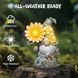 basen Solar Garden Gnome Statue with Glowing Daisy Flower, Outdoor Solar Gnome Figurine Decor for Yard Lawn Patio, Resin Garden Gnome Decoration with LED Light for Garden Landscape Ornament