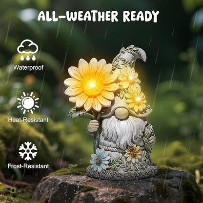 basen Solar Garden Gnome Statue with Glowing Daisy Flower, Outdoor Solar Gnome Figurine Decor for Yard Lawn Patio, Resin Garden Gnome Decoration with LED Light for Garden Landscape Ornament