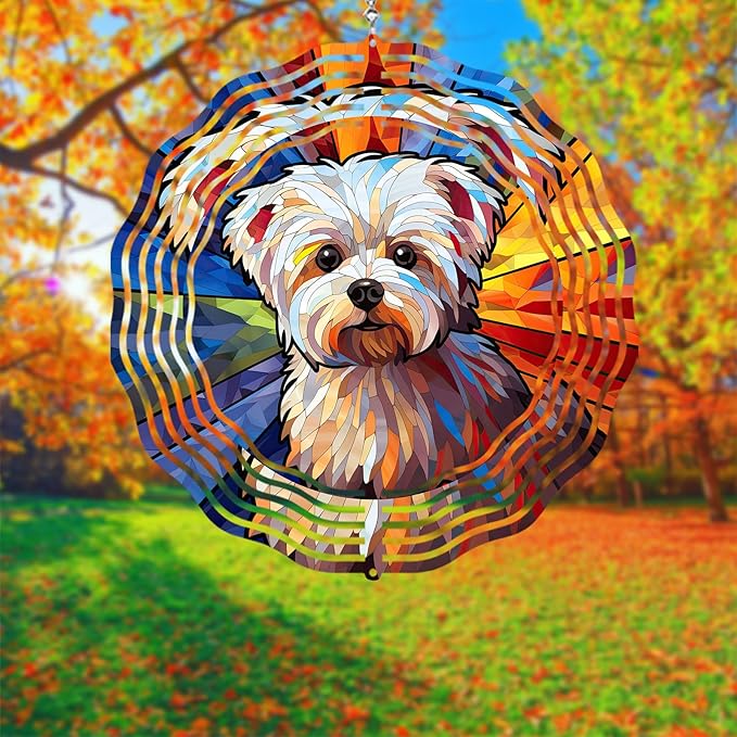 Maltese Dog Wind Spinner Pet Dog Memorial Gifts, Vibrant 3D Kinetic Aluminum Metal Yard Art, Loss of Dogs Sympathy Gifts, Hanging Outdoor Garden Decor, 8" Wind Sculptures for Patio, Porch (Maltese6)