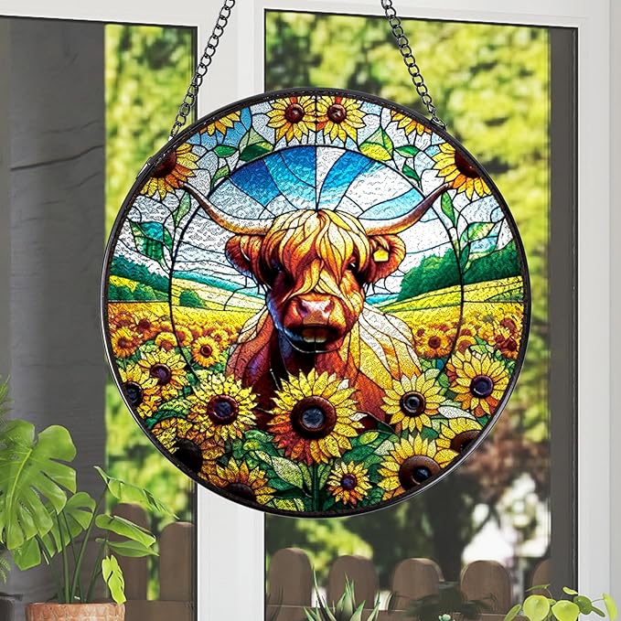 Rngmsi Highland Cow Stained Glass Window Hanging, 7.8" Sunflower Cow Sun Catchers Indoor Window Decor, Suncatchers for Windows Hanging Gifts for Women