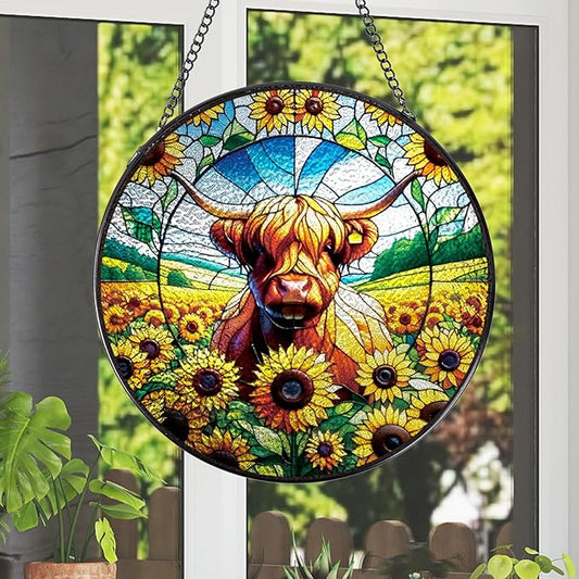 Rngmsi Highland Cow Stained Glass Window Hanging, 7.8" Sunflower Cow Sun Catchers Indoor Window Decor, Suncatchers for Windows Hanging Gifts for Women