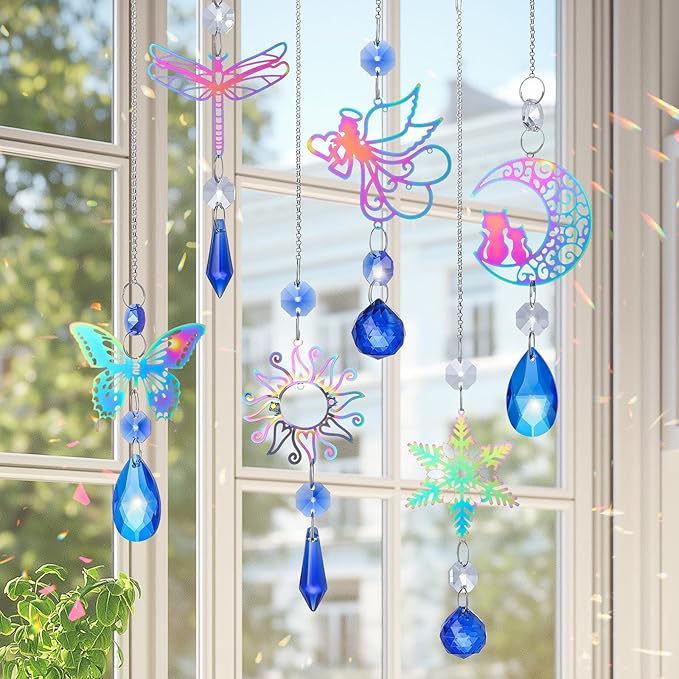 6Pieces Blue Crystals Suncatchers Hanging Sun Catcher with Chain Pendant Ornament Crystal Prisms for Window Home Decoration