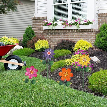 hogardeck Metal Flower Decorative Garden Stakes,4 Pcs 19" Outdoor Garden Decor with Shaking Flower Head Yard Stakes, Yard Art Spring Decorations for Patio Lawn (Pink & Yellow & Purple & Orange)
