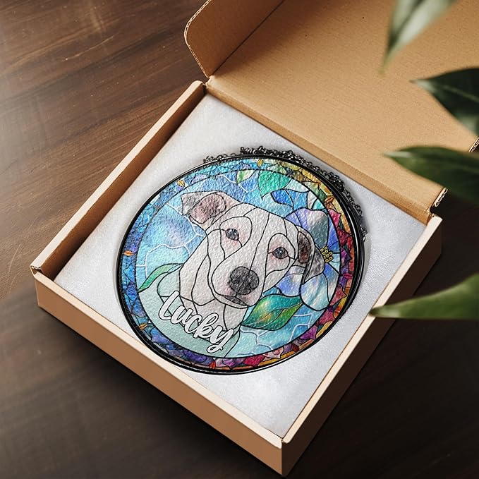 NAZENTI Personalized Pet Ornament Remembrance, Pet Stained Glass Suncatcher, Gifts for Fur Lovers, Custom Name Dog Photo Memorial Ornament Window Hanging, Home Decor, Gift for Loss of Pet Dog Cat
