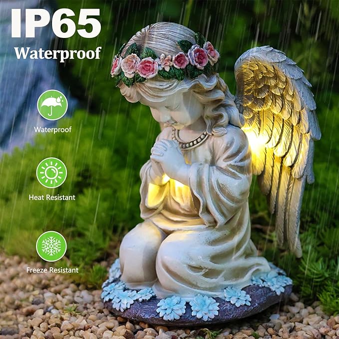 VEEKI Solar Angel Garden Statue Outdoor, Resin Angel Statues Solar Figurine Lights Outdoor Waterproof, Angel Sculpture for Outside Garden Yard Patio Grave Cemetery Decor, Sympathy Memorial Gift