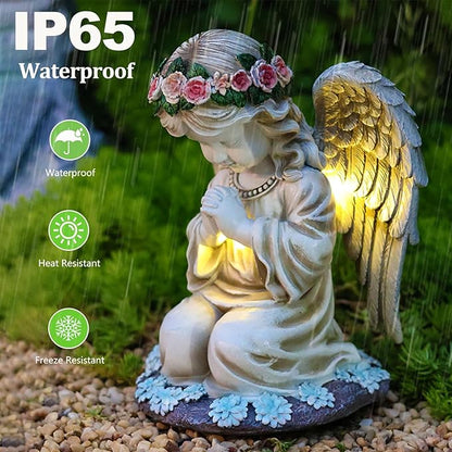 VEEKI Solar Angel Garden Statue Outdoor, Resin Angel Statues Solar Figurine Lights Outdoor Waterproof, Angel Sculpture for Outside Garden Yard Patio Grave Cemetery Decor, Sympathy Memorial Gift