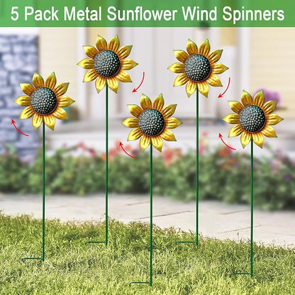 Wind Spinners Outdoor,5 Pack Sunflower Garden Stakes for Outdoor Decorations,Metal Wind Spinner Yard Art Decor for Patio,Lawn