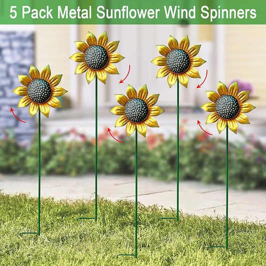 Wind Spinners Outdoor,5 Pack Sunflower Garden Stakes for Outdoor Decorations,Metal Wind Spinner Yard Art Decor for Patio,Lawn