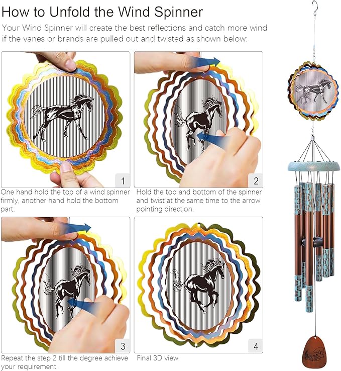 Aoedelyart Wind Chimes for Outside with 3D Animations Horse Wind Spinner,37" Memorial Wind Chimes Outdoor Garden Decor,Horse Gifts for Women Mom Grandma Men Father,Patio Decorations,Garden Ornaments