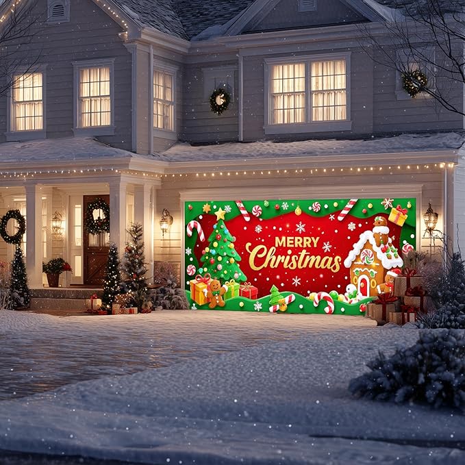 IVN Candy Cane Gingerbread Christmas Scene Garage door banner Door Cover Indoor And Outdoor Studio Background Hanging Decoration 13x6ft