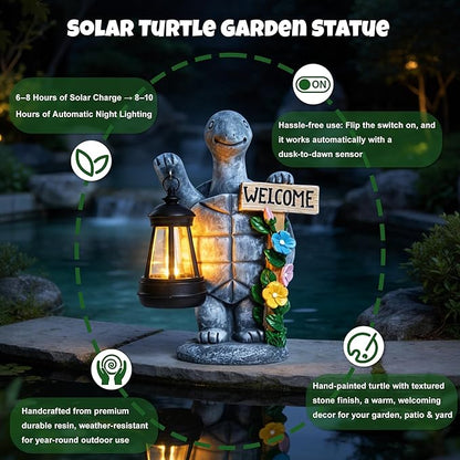 Solar Garden Statues, Resin Turtle Flower Statue w/ Welcome Sign, Waterproof Garden Figurine for Outside Yard Outdoor Home Patio Lawn Decor, Solar Animal Light for Adults Women Birthday Easter Gifts