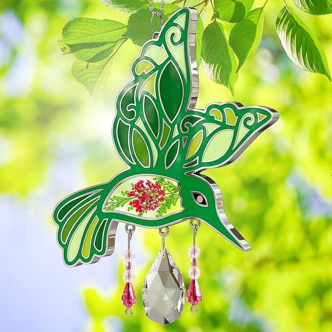 KY&BOSAM Hummingbird Suncatcher Crystal Colorful Rainbow Prisms Sun Catchers for Windows Hangings Wind Chimes Ornaments with Pressed Flower and Metal Charms Gifts for Mom Mothers Day Christmas Decor