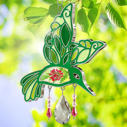 KY&BOSAM Hummingbird Suncatcher Crystal Colorful Rainbow Prisms Sun Catchers for Windows Hangings Wind Chimes Ornaments with Pressed Flower and Metal Charms Gifts for Mom Mothers Day Christmas Decor