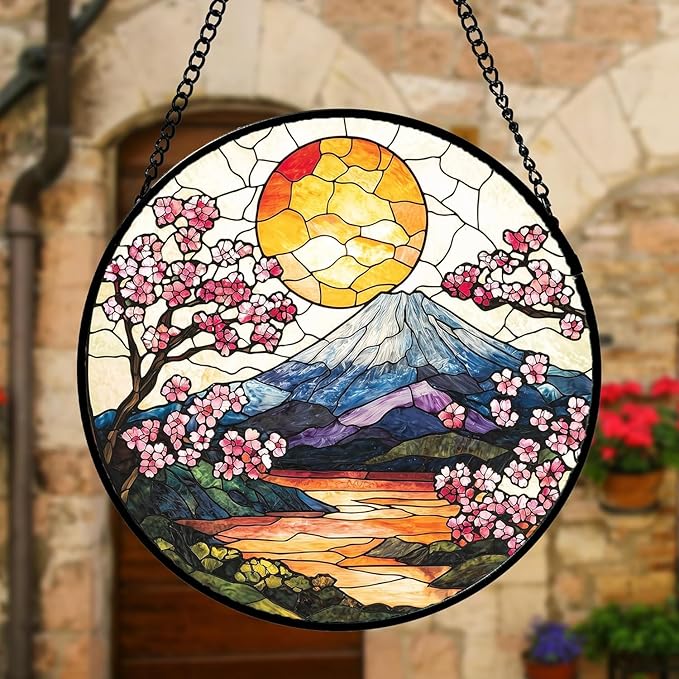 DASTOLL Stained Glass Window Hanging, Sun Blooming Cherry Blossoms Suncatcher Diamond Glass Panel Sun Catchers Decor for Birthday for Women, Men, Wife, Aunt, and Mom 14.9x14.9 in