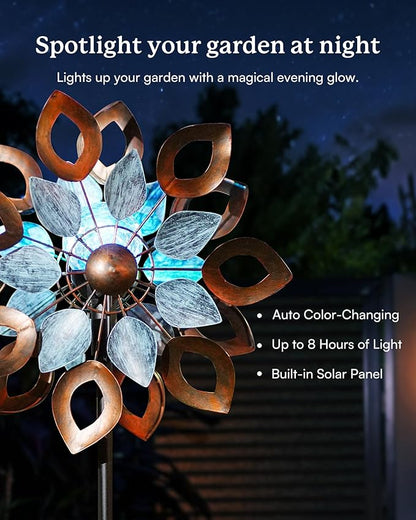 Copper Wind Spinners Outdoor 74 Inches with Solar LED Light, Kinetic Dual Wind Sculptures & Spinners for Yard Lawn Garden Decor, Large Metal Clearance Windmill with Bronze Leaf