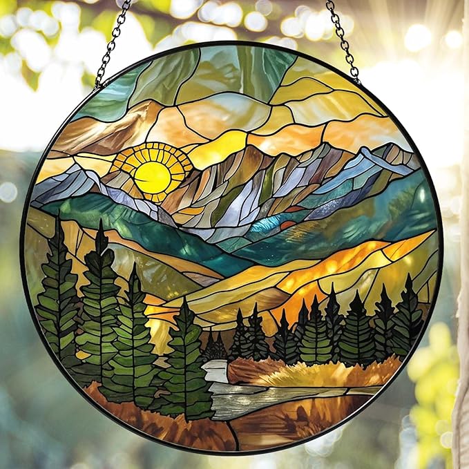 Mountain Range Sun Catcher Stained Glass Window Hanging for Women Wall DecorHandmade Sun Catcher Decoration for Garden Home Housewarming Gifts, 7.87inch